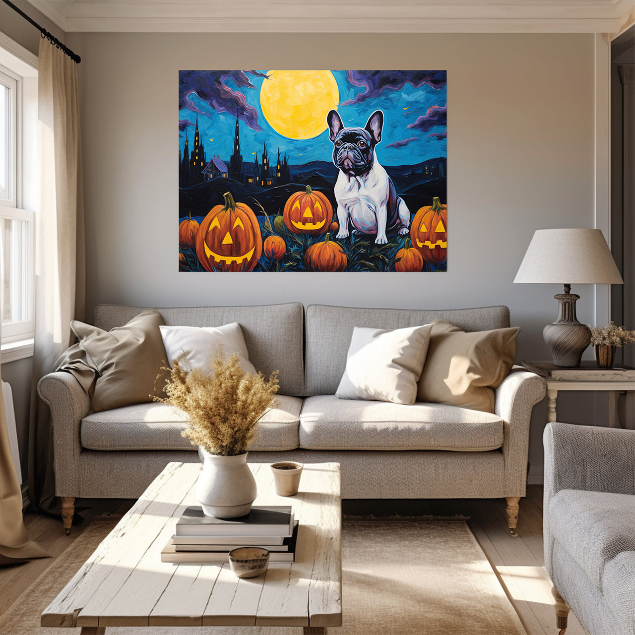 French Bulldog 01 Halloween With Pumpkin Oil Painting Van Goh Style, Wooden Canvas Prints Wall Art Painting , Canvas 3d Art