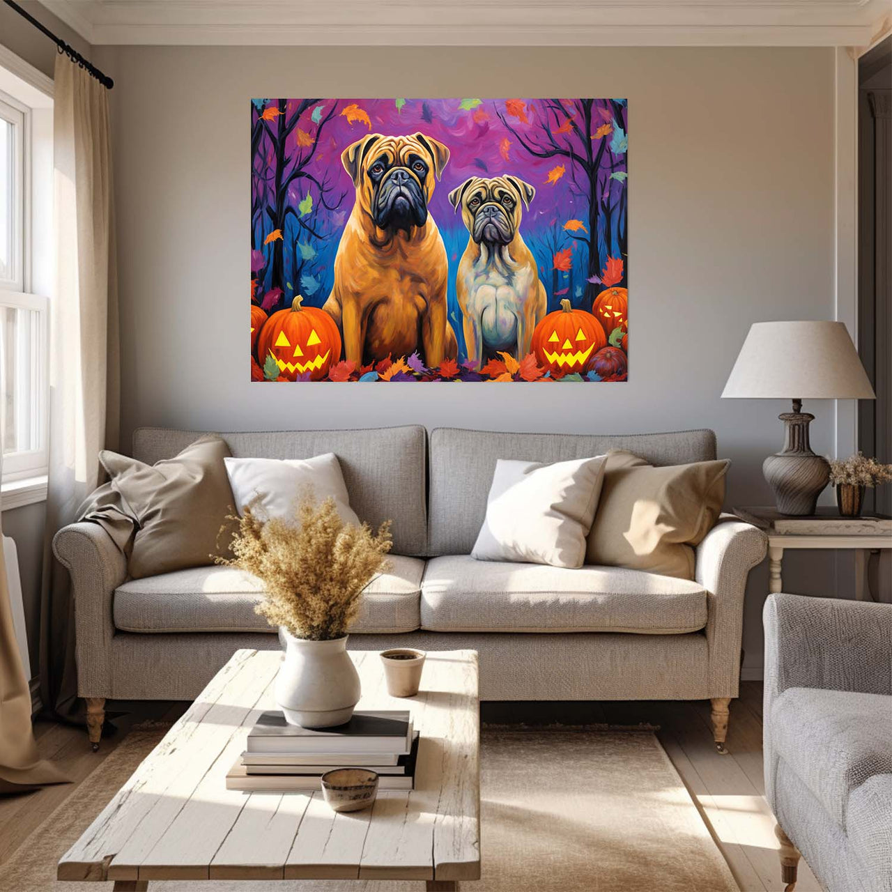 Bullmastiffs Dog 02 Halloween With Pumpkin Oil Painting Van Goh Style, Wooden Canvas Prints Wall Art Painting , Canvas 3d Art