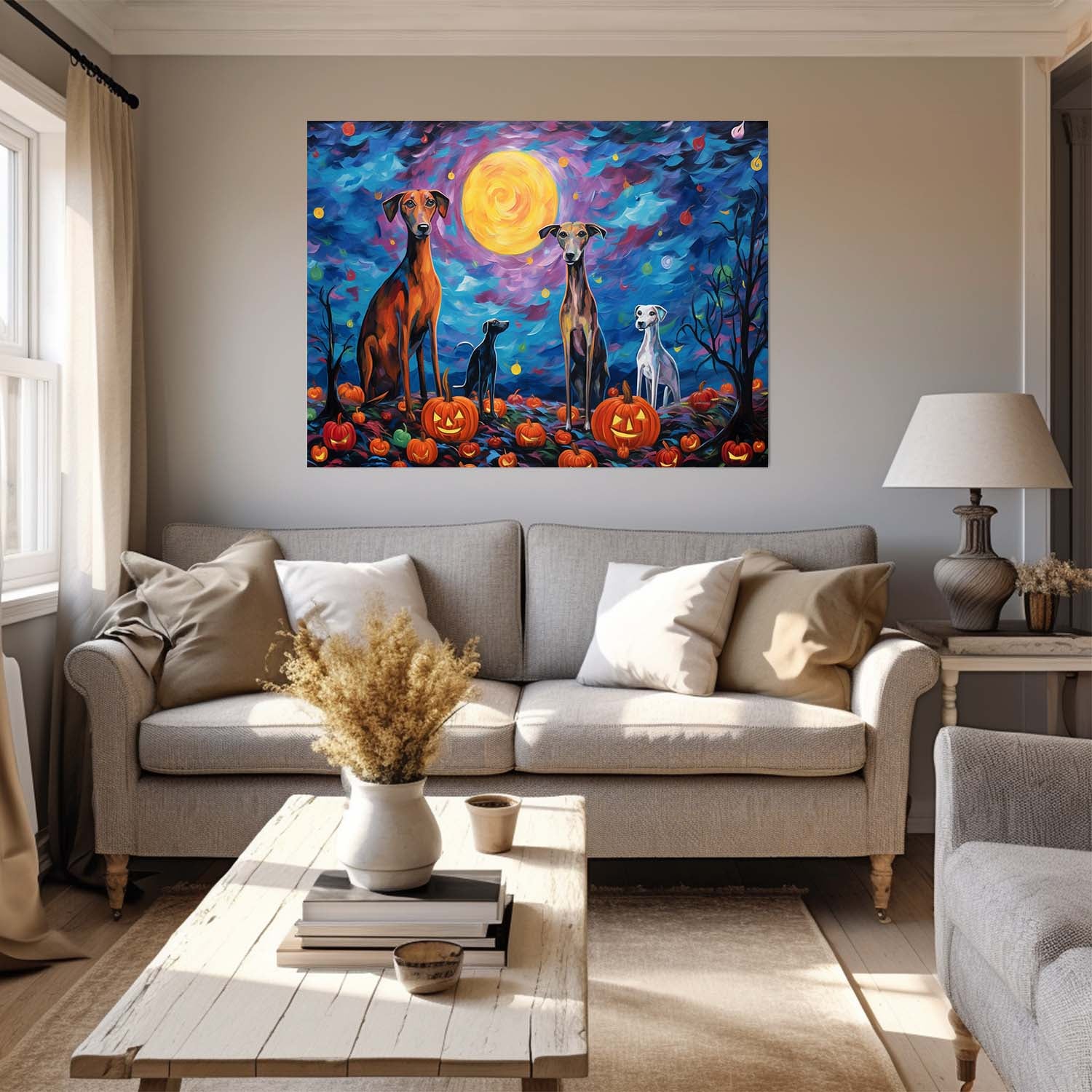 Whippets Dog Halloween With Pumpkin Oil Painting Van Goh Style, Wooden Canvas Prints Wall Art Painting , Canvas 3d Art