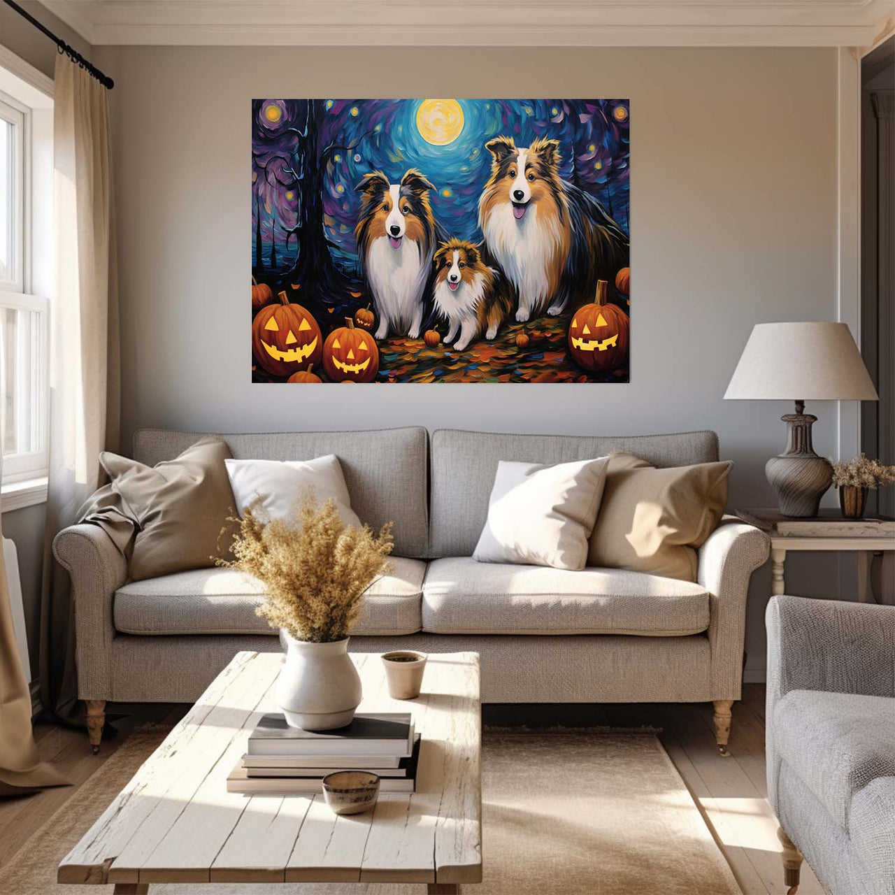 Shetland Sheepdogs Dog 01 Halloween With Pumpkin Oil Painting Van Goh Style, Wooden Canvas Prints Wall Art Painting , Canvas 3d Art