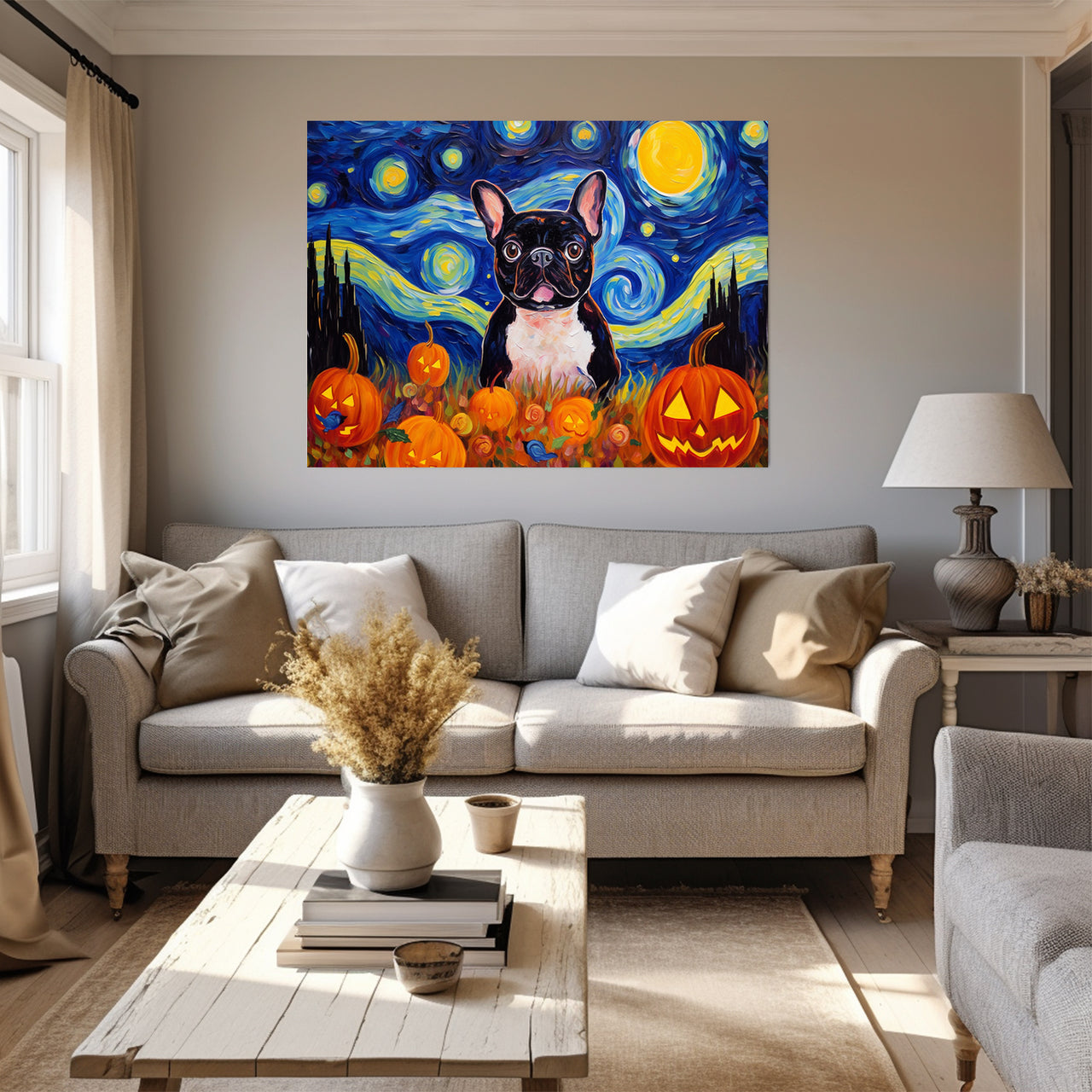 French Bulldog 02 Halloween With Pumpkin Oil Painting Van Goh Style, Wooden Canvas Prints Wall Art Painting , Canvas 3d Art