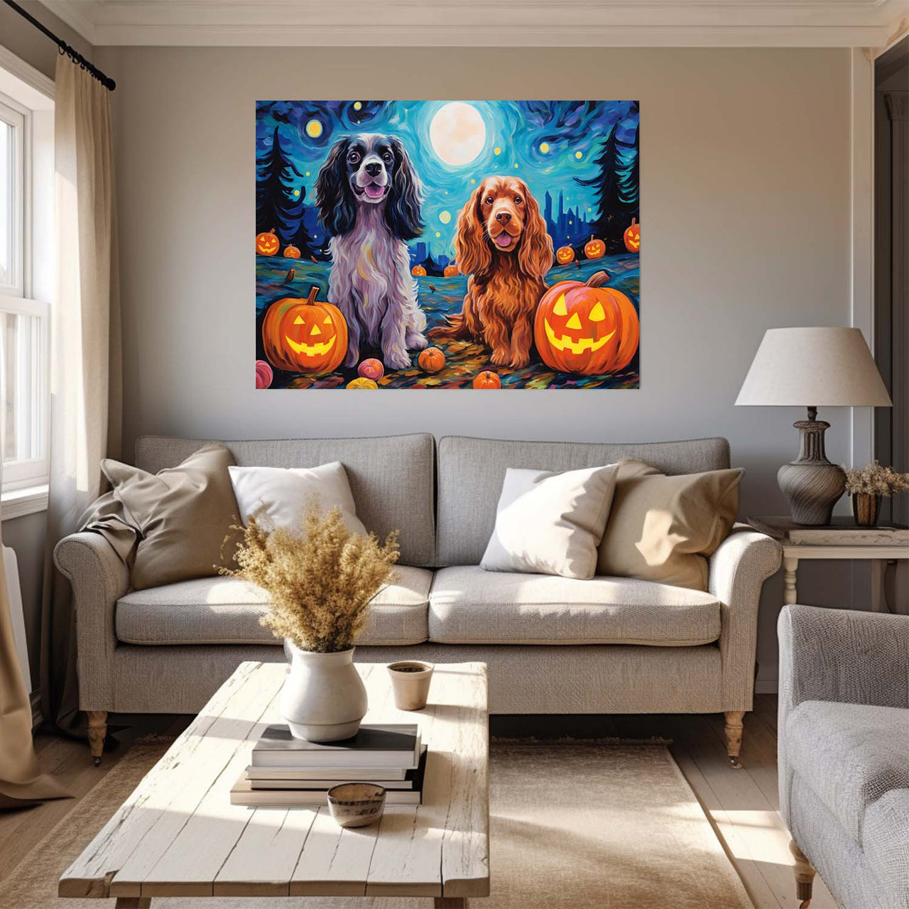 Cocker Spaniels Dog 02 Halloween With Pumpkin Oil Painting Van Goh Style, Wooden Canvas Prints Wall Art Painting , Canvas 3d Art