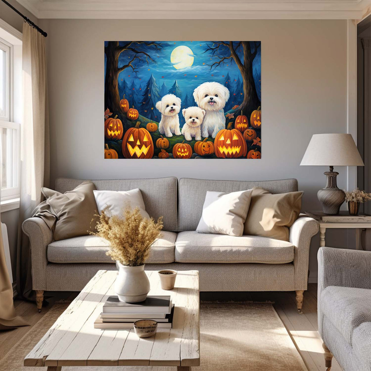 Bichons Frises Dog 02 Halloween With Pumpkin Oil Painting Van Goh Style, Wooden Canvas Prints Wall Art Painting , Canvas 3d Art