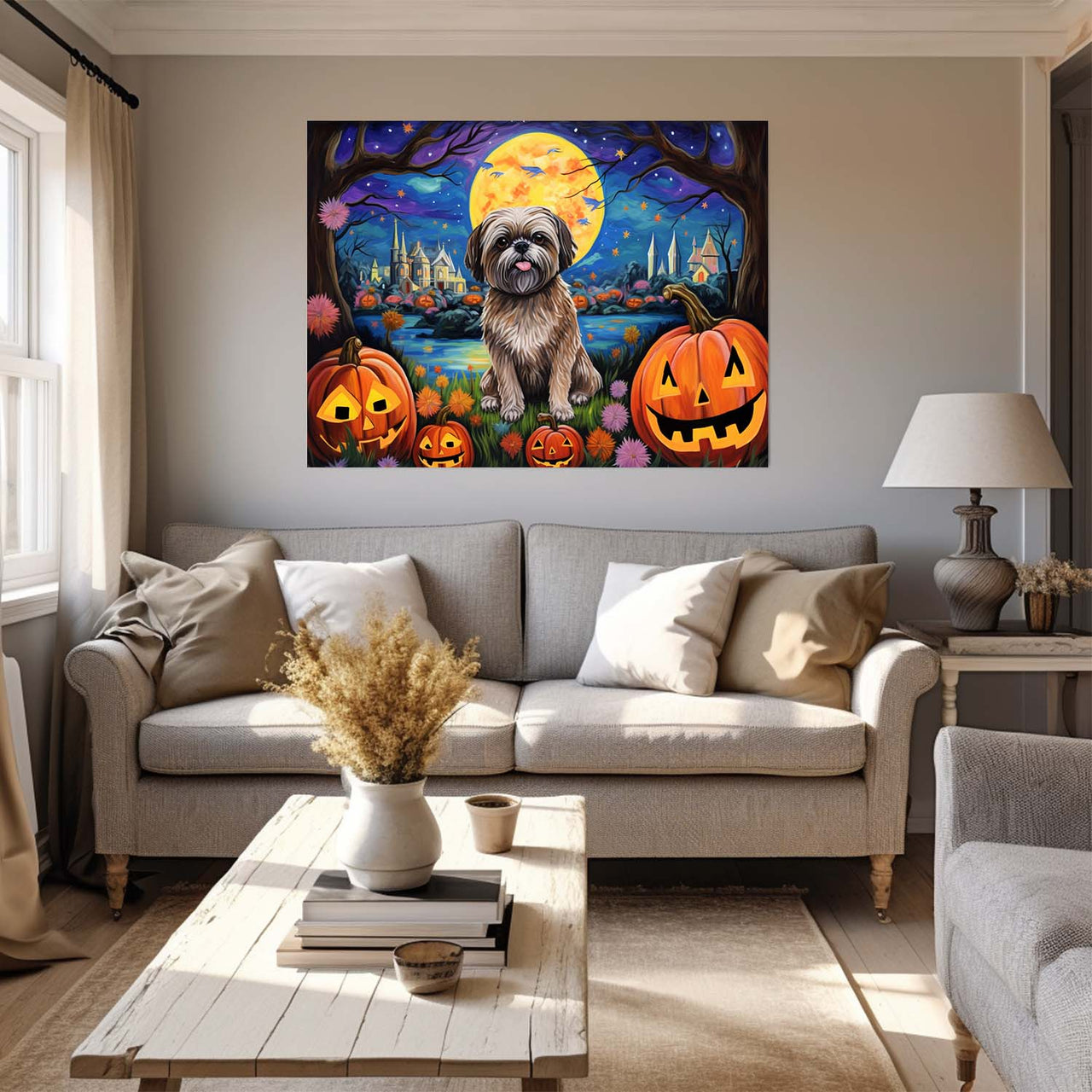 Lhasa Apsos Dog 01 Halloween With Pumpkin Oil Painting Van Goh Style, Wooden Canvas Prints Wall Art Painting , Canvas 3d Art