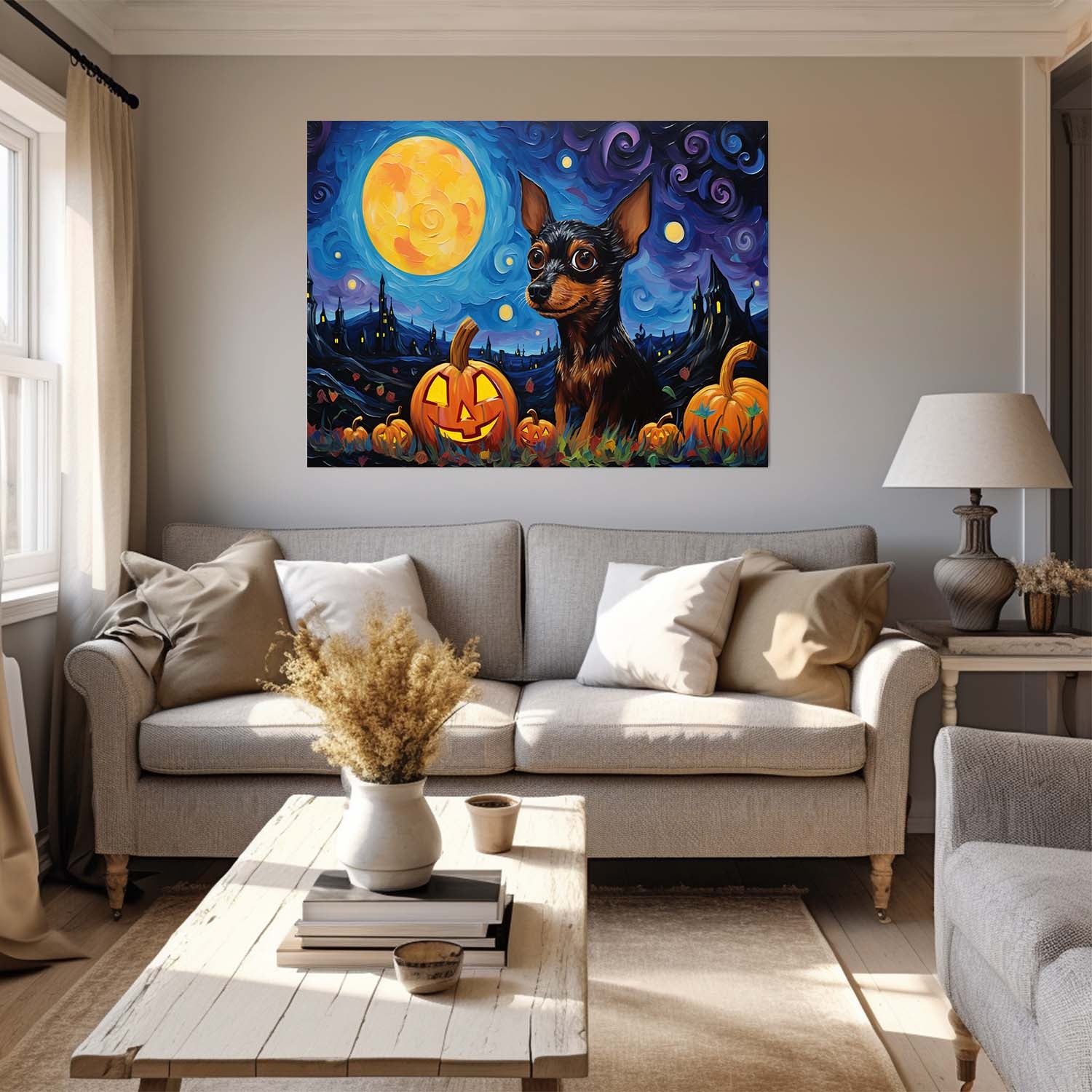 Miniature Pinschers Dog 02 Halloween With Pumpkin Oil Painting Van Goh Style, Wooden Canvas Prints Wall Art Painting , Canvas 3d Art