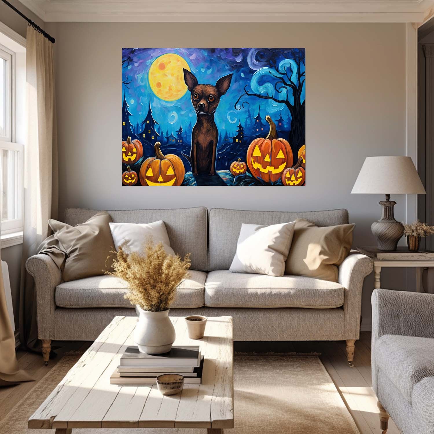 Miniature Pinschers Dog 01 Halloween With Pumpkin Oil Painting Van Goh Style, Wooden Canvas Prints Wall Art Painting , Canvas 3d Art