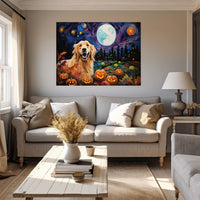 Thumbnail for Golden Retrievers Dog 01 Halloween With Pumpkin Oil Painting Van Goh Style, Wooden Canvas Prints Wall Art Painting , Canvas 3d Art