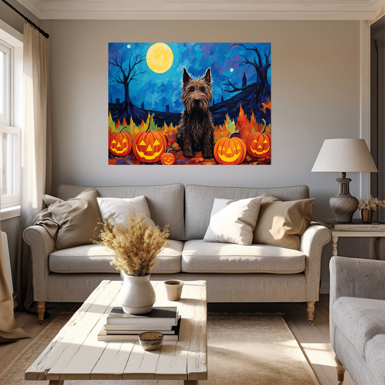 Scottish Terriers Dog Halloween With Pumpkin Oil Painting Van Goh Style, Wooden Canvas Prints Wall Art Painting , Canvas 3d Art