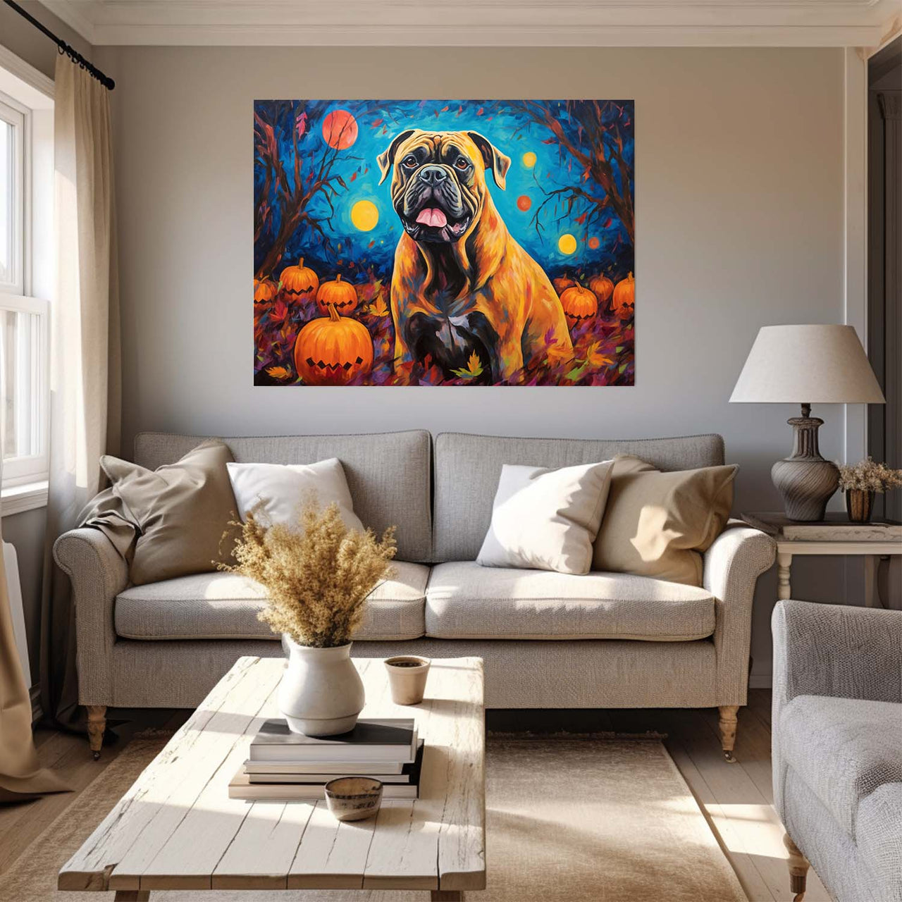 Cane Corso Dog 01 Halloween With Pumpkin Oil Painting Van Goh Style, Wooden Canvas Prints Wall Art Painting , Canvas 3d Art