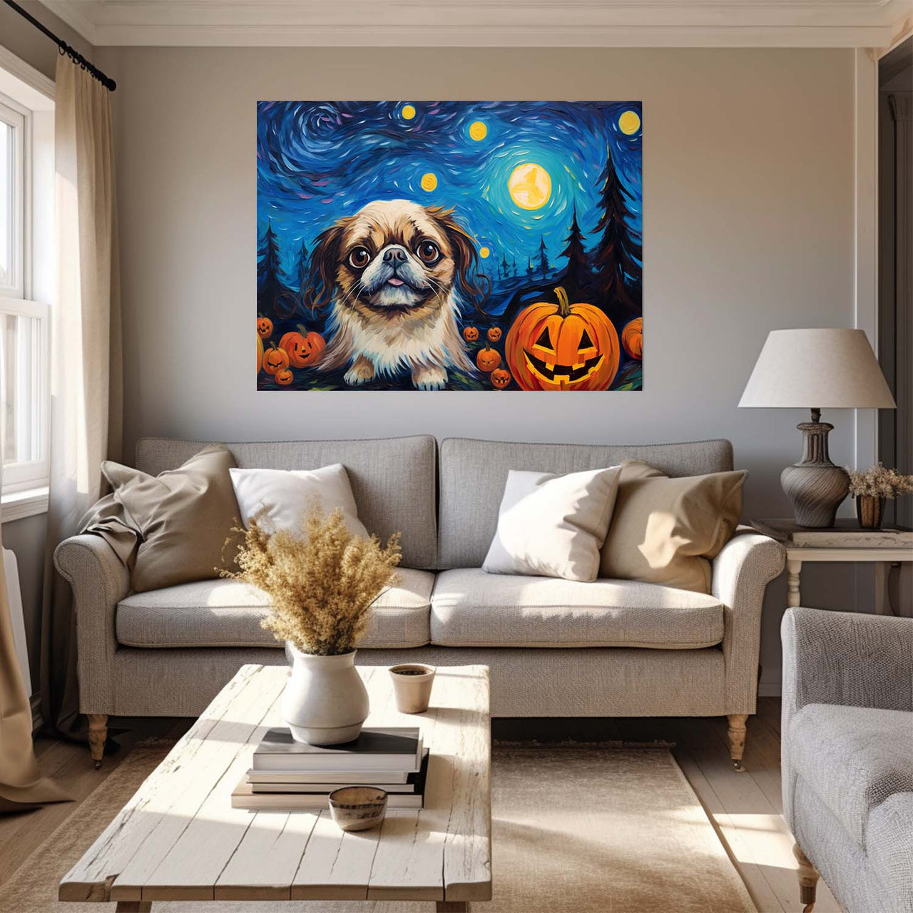 Pekingese Dog 01 Halloween With Pumpkin Oil Painting Van Goh Style, Wooden Canvas Prints Wall Art Painting , Canvas 3d Art