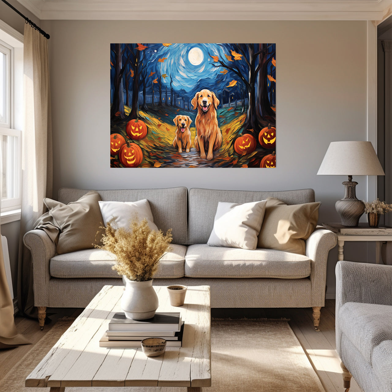 Golden Retrievers Dog 02 Halloween With Pumpkin Oil Painting Van Goh Style, Wooden Canvas Prints Wall Art Painting , Canvas 3d Art