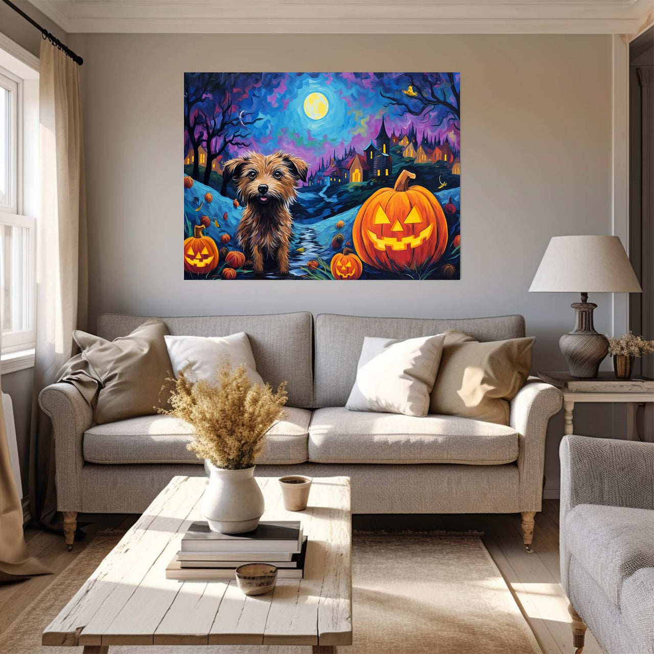Chinese Cresteds Dog Halloween With Pumpkin Oil Painting Van Goh Style, Wooden Canvas Prints Wall Art Painting , Canvas 3d Art