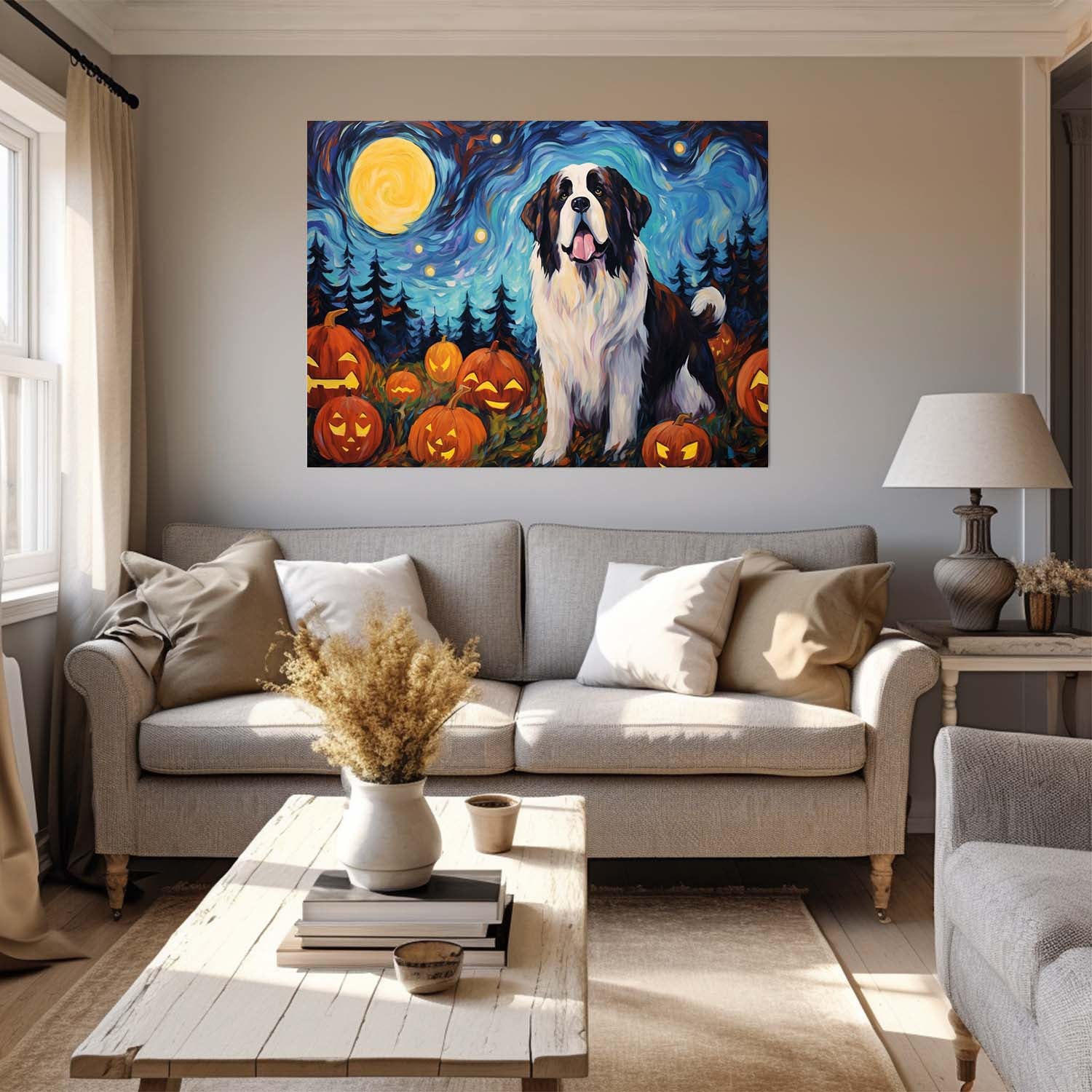 St. Bernards Dog 02 Halloween With Pumpkin Oil Painting Van Goh Style, Wooden Canvas Prints Wall Art Painting , Canvas 3d Art