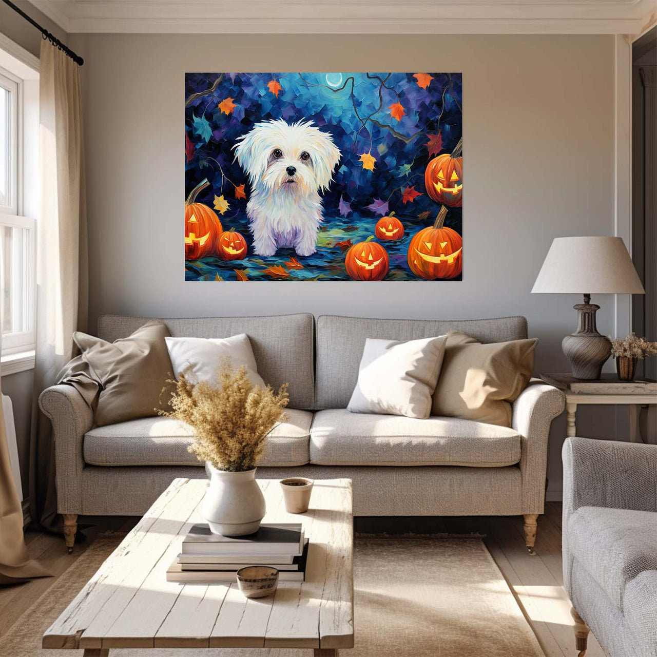 Maltese Dog 03 Halloween With Pumpkin Oil Painting Van Goh Style, Wooden Canvas Prints Wall Art Painting , Canvas 3d Art