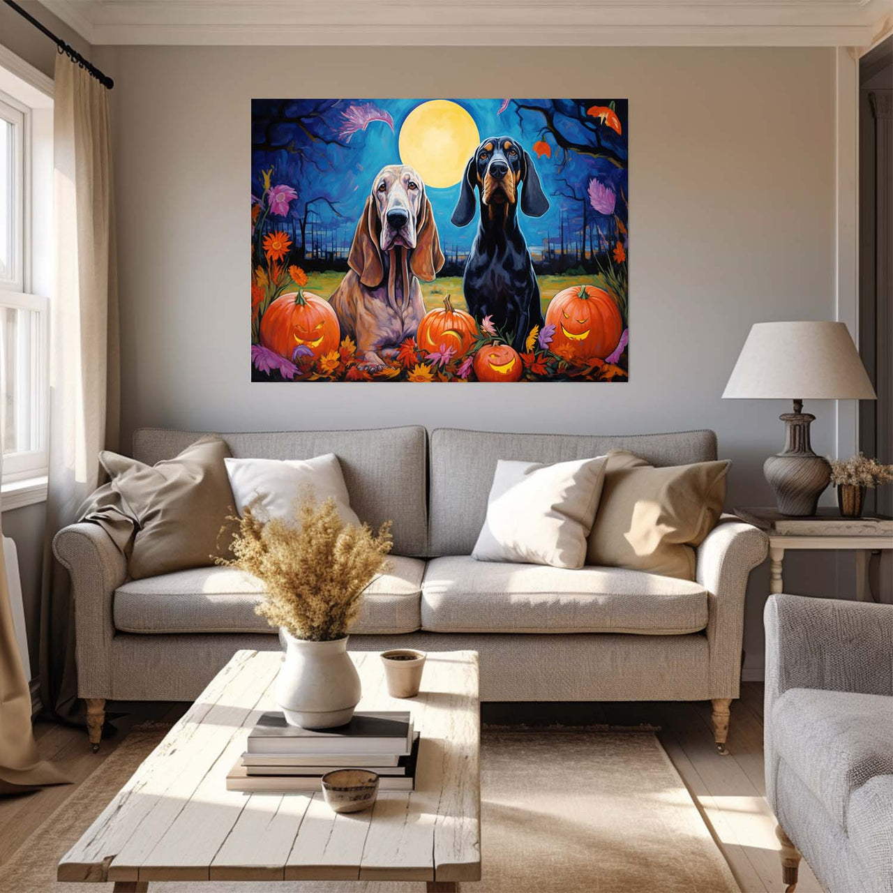 Bloodhound Dog Halloween With Pumpkin Oil Painting Van Goh Style, Wooden Canvas Prints Wall Art Painting , Canvas 3d Art