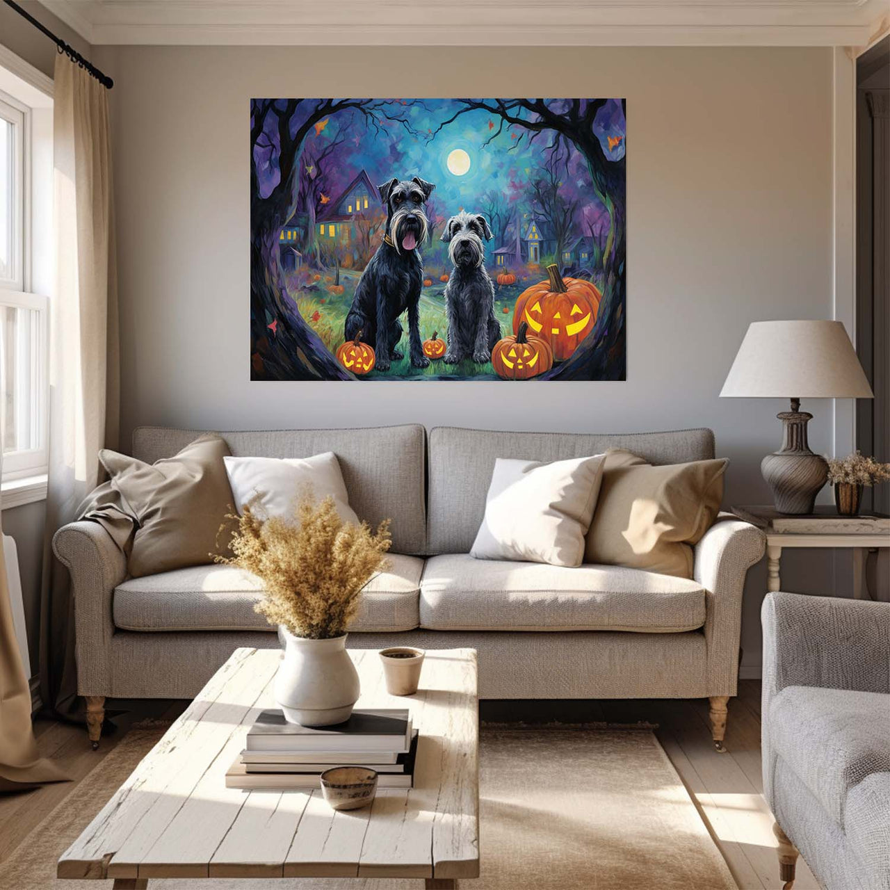 Schnauzers Dog Halloween With Pumpkin Oil Painting Van Goh Style, Wooden Canvas Prints Wall Art Painting , Canvas 3d Art