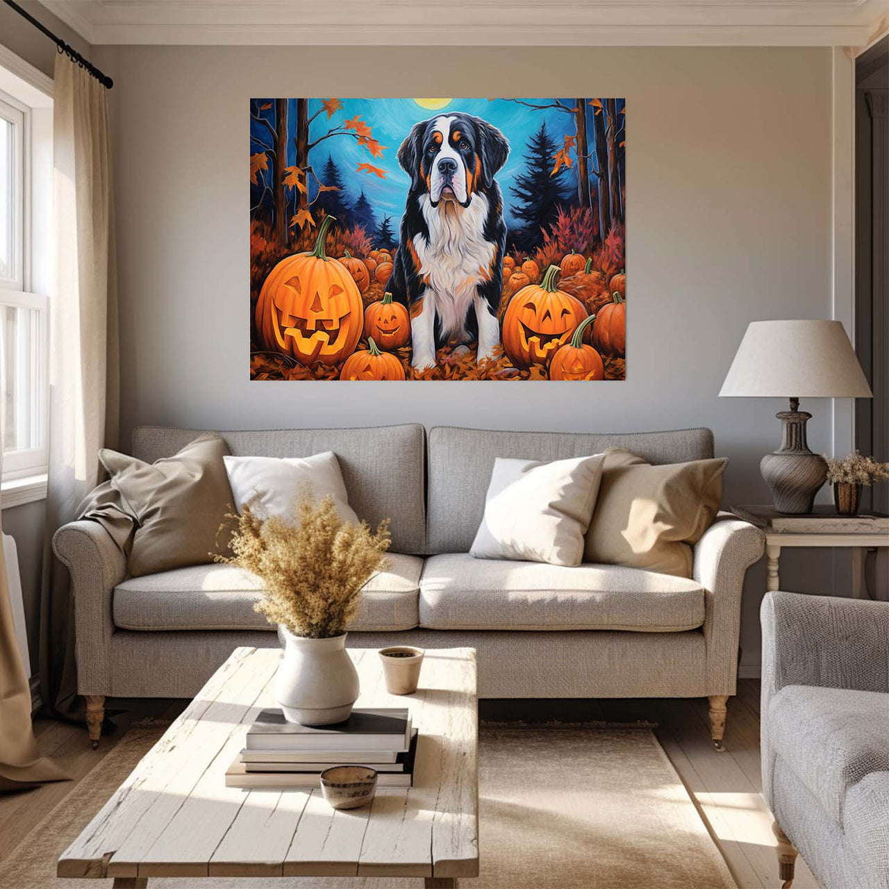 St. Bernards Dog 01 Halloween With Pumpkin Oil Painting Van Goh Style, Wooden Canvas Prints Wall Art Painting , Canvas 3d Art