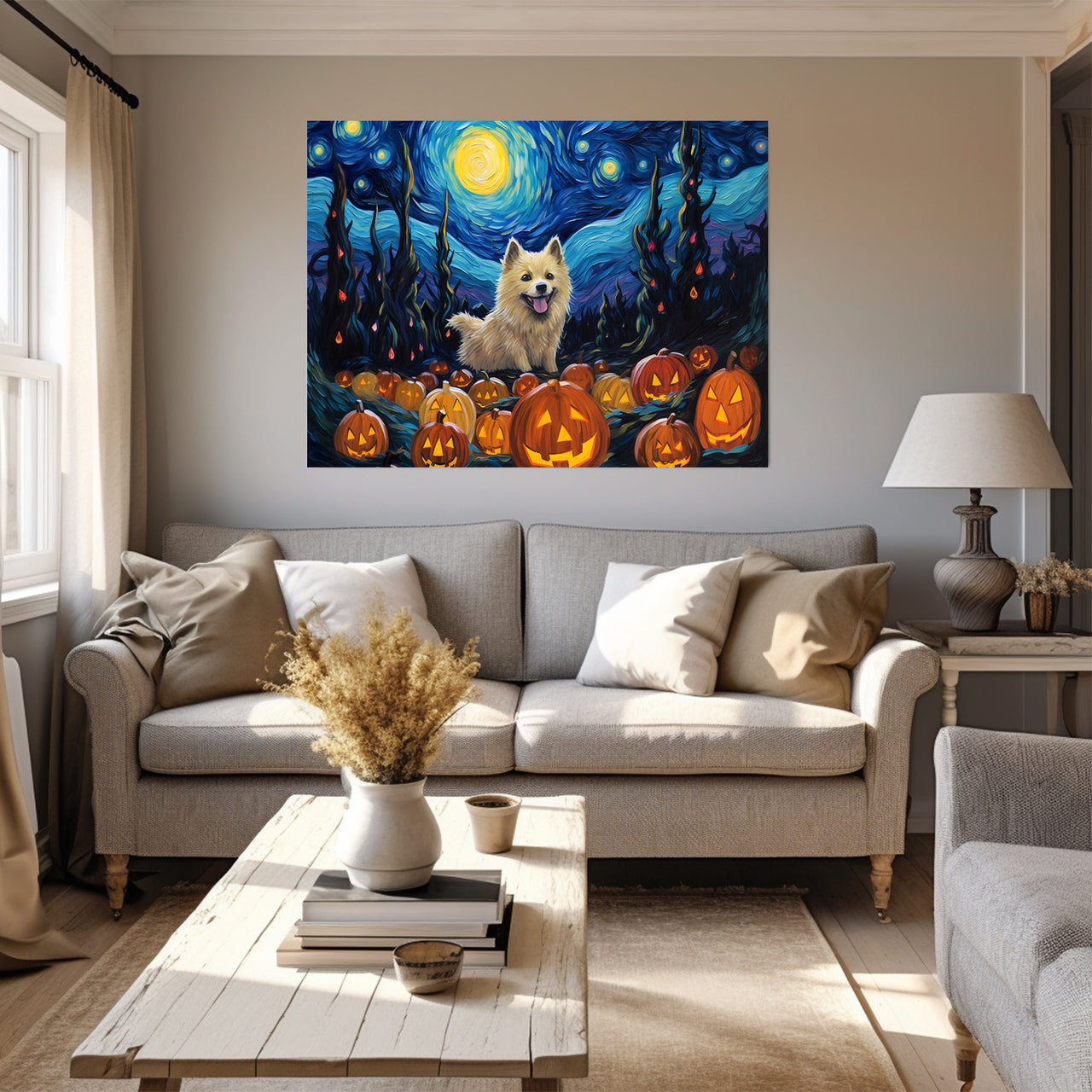 Norwegian Elkhounds Dog 01 Halloween With Pumpkin Oil Painting Van Goh Style, Wooden Canvas Prints Wall Art Painting , Canvas 3d Art