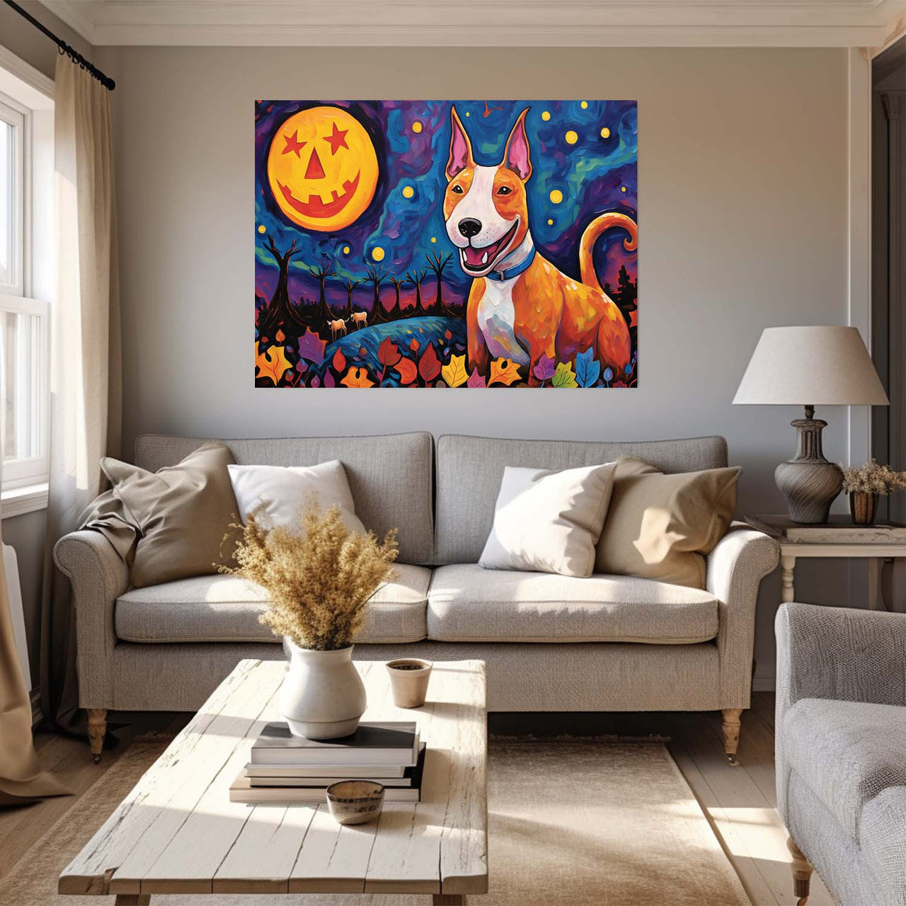 Bull Terriers Dog Halloween With Pumpkin Oil Painting Van Goh Style, Wooden Canvas Prints Wall Art Painting , Canvas 3d Art