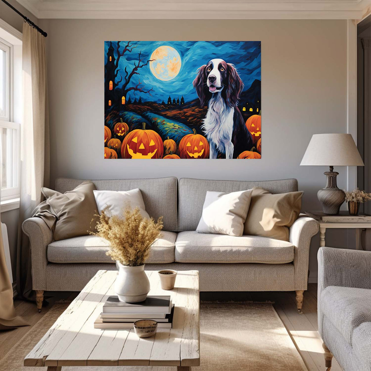 Irish Setters Dog 03 Halloween With Pumpkin Oil Painting Van Goh Style, Wooden Canvas Prints Wall Art Painting , Canvas 3d Art