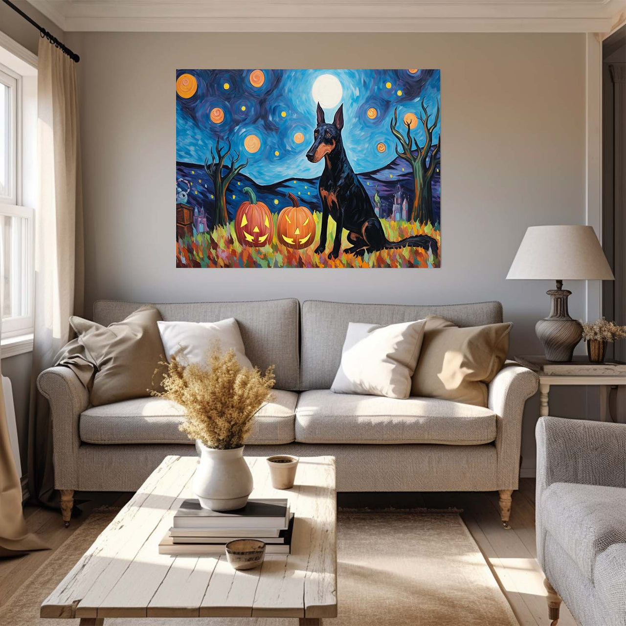 Doberman Pinschers Dog 01 Halloween With Pumpkin Oil Painting Van Goh Style, Wooden Canvas Prints Wall Art Painting , Canvas 3d Art