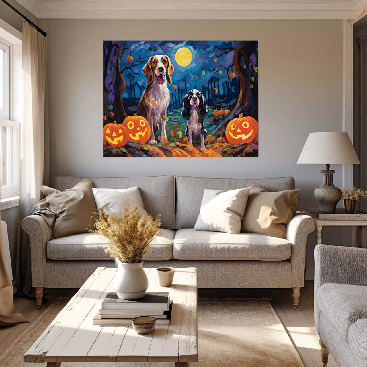 English Setters Dog 02 Halloween With Pumpkin Oil Painting Van Goh Style, Wooden Canvas Prints Wall Art Painting , Canvas 3d Art