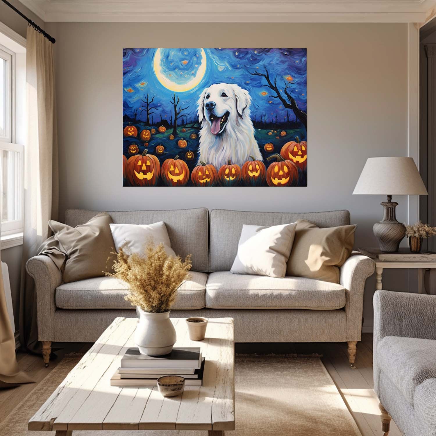 Great Pyrenees Dog 02 Halloween With Pumpkin Oil Painting Van Goh Style, Wooden Canvas Prints Wall Art Painting , Canvas 3d Art