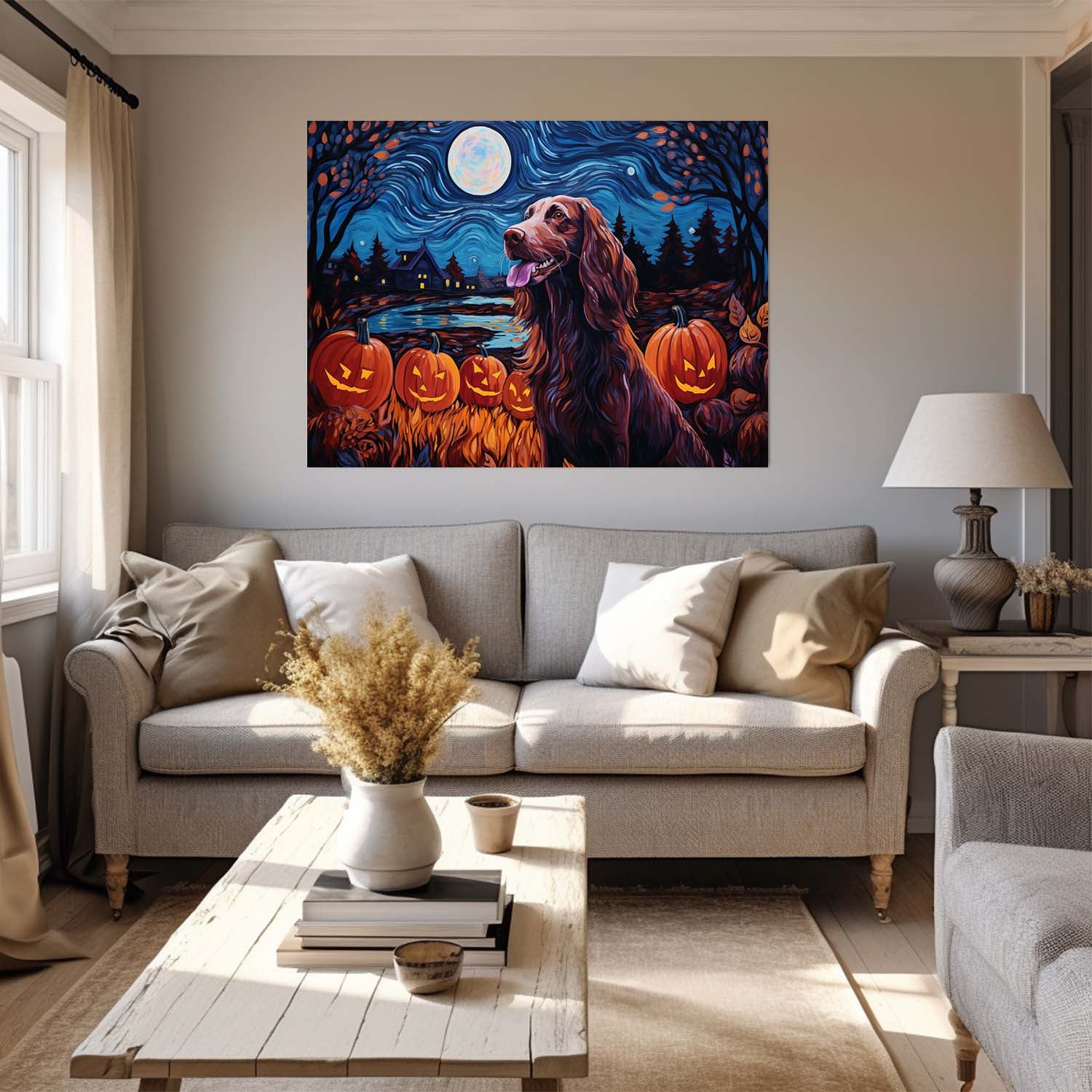 Irish Setters Dog 01 Halloween With Pumpkin Oil Painting Van Goh Style, Wooden Canvas Prints Wall Art Painting , Canvas 3d Art
