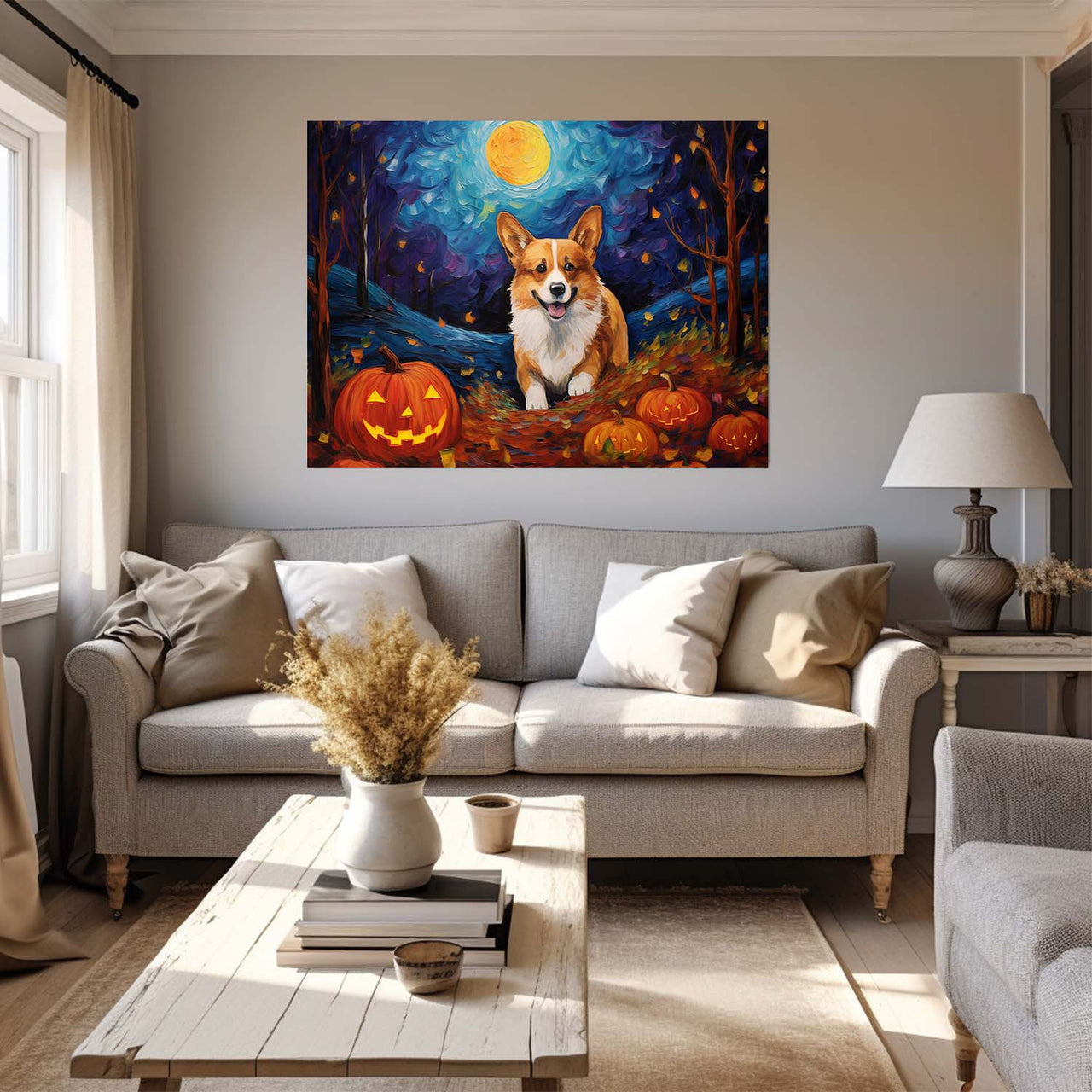 Corgi Dog 01 Halloween With Pumpkin Oil Painting Van Goh Style, Wooden Canvas Prints Wall Art Painting , Canvas 3d Art