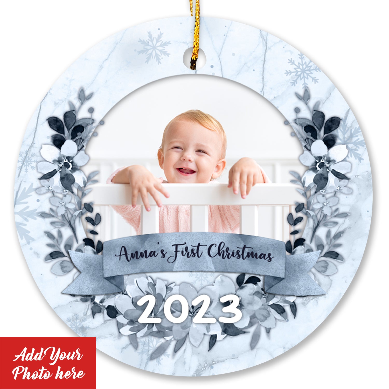 First Christmas Blue Floral Personalized Custom Photo Christmas Premium Ceramic Ornaments Gift For Family