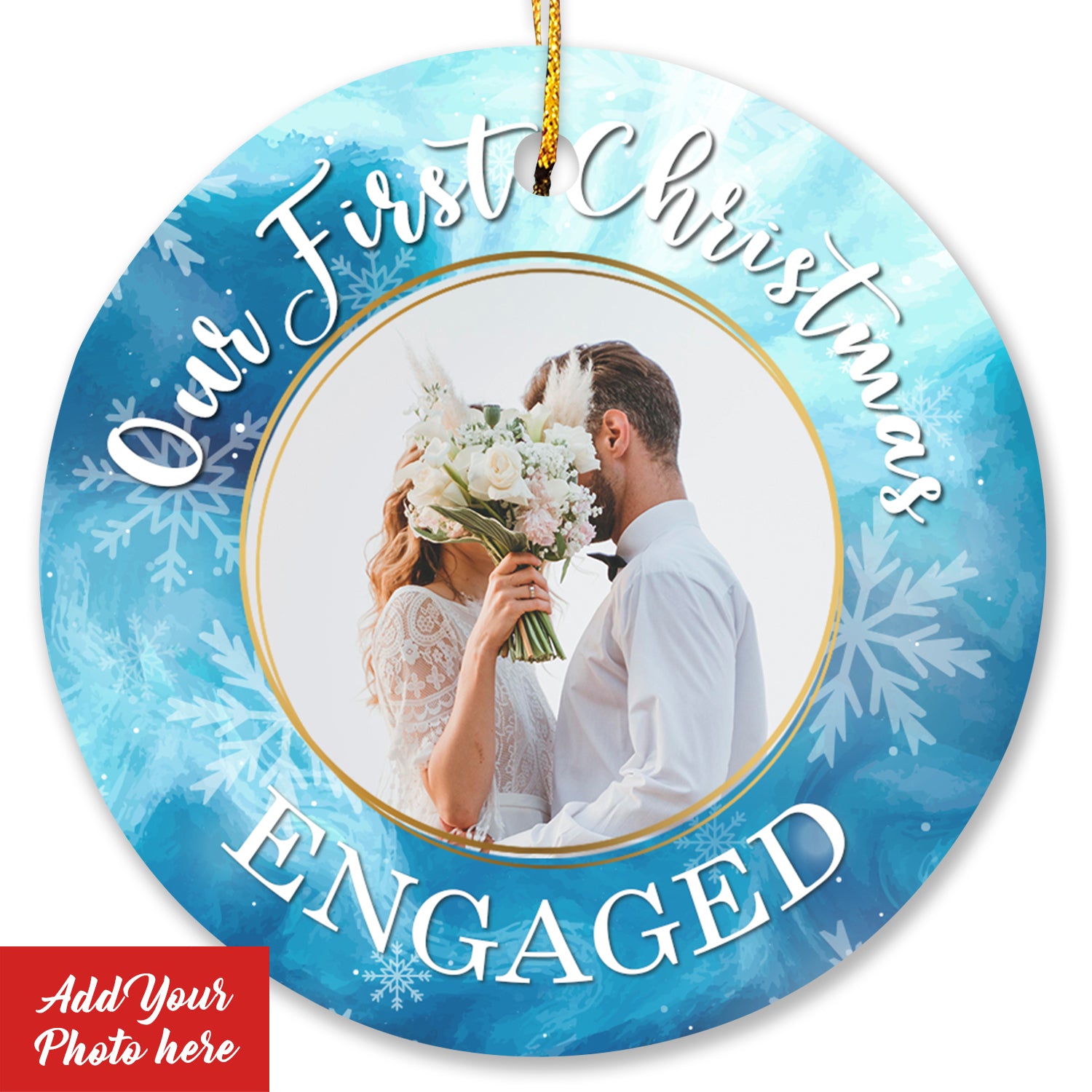 Our First Christmas Engaged Blue and Silver Personalized Custom Photo Christmas Premium Ceramic Ornaments Gift For Family