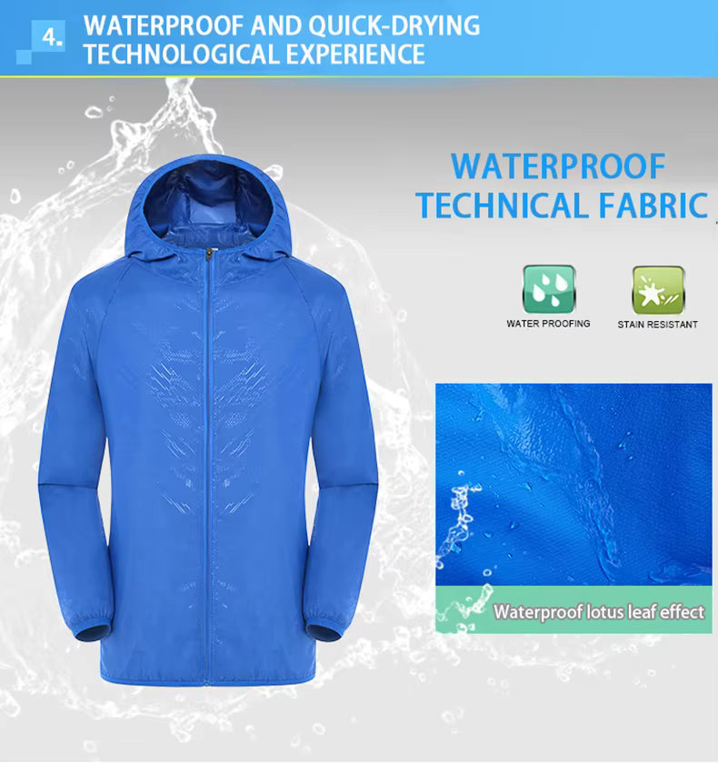 Unisex Waterproof Hiking Jacket – Lightweight Quick-Dry Hooded Windbreaker with UV Protection