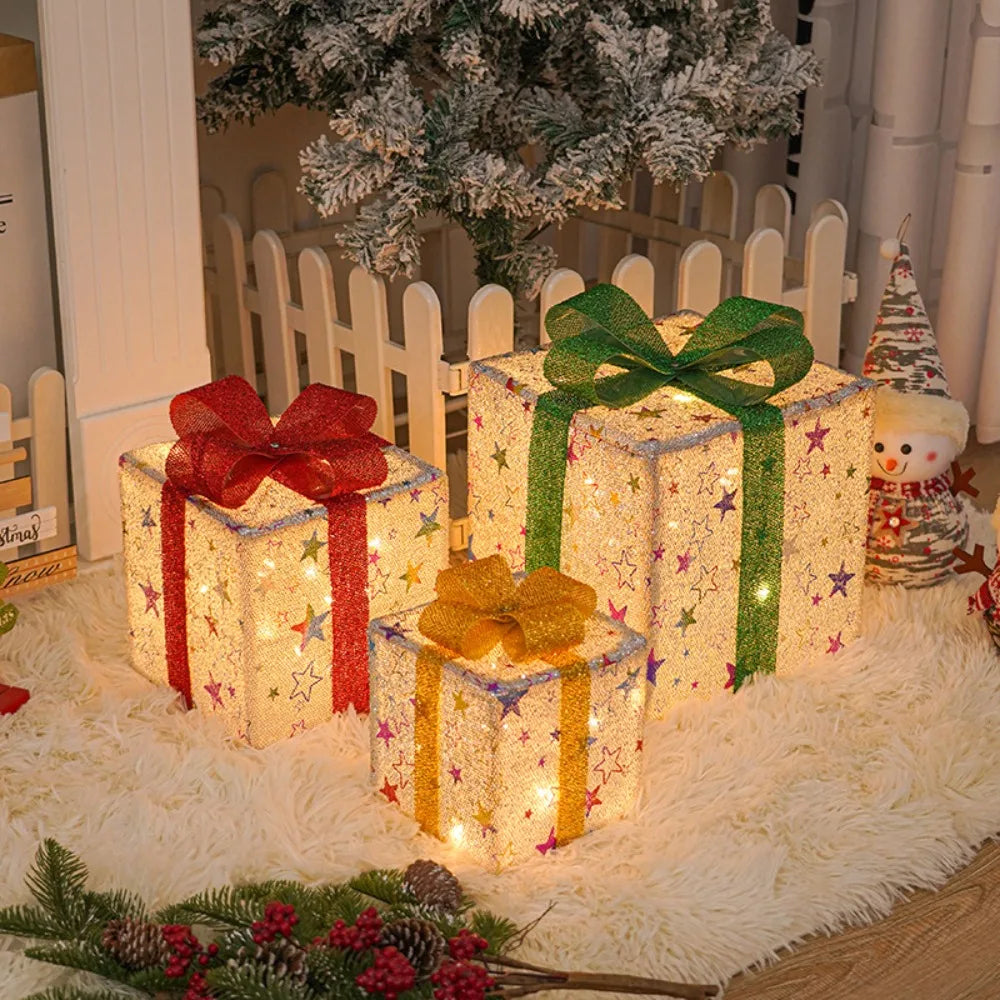 3Pcs Christmas LED Gift Boxes – Lighted Present Boxes with Bow, Warm Fairy Lights for Holiday Decorations