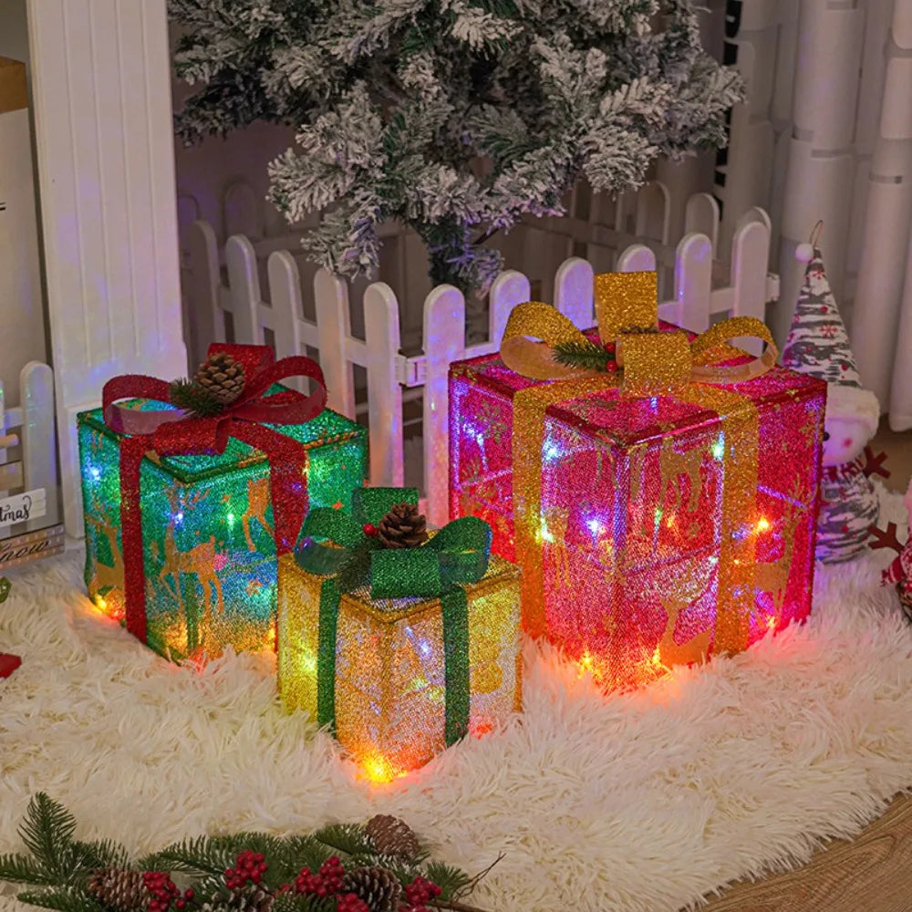 3Pcs Christmas LED Gift Boxes – Lighted Present Boxes with Bow, Warm Fairy Lights for Holiday Decorations