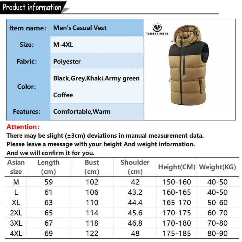 Men's Puffer Vest Warm Sleeveless Winter Jackets Waterproof Zipper Coats With Stand-Up Collar Casual Lightweight Outerwear For Cold Weather C17