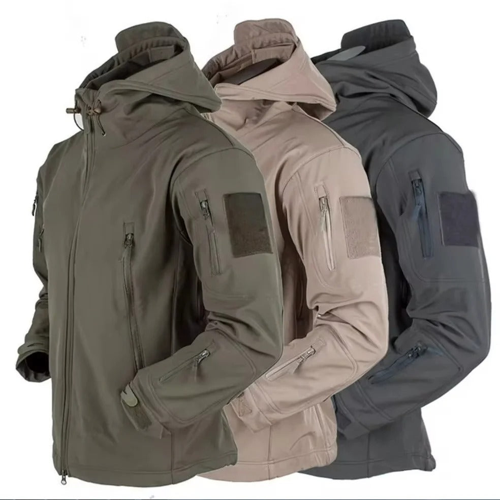 Men's Tactical Softshell Jacket – Windproof Water-Resistant Fleece-Lined Hooded Coat