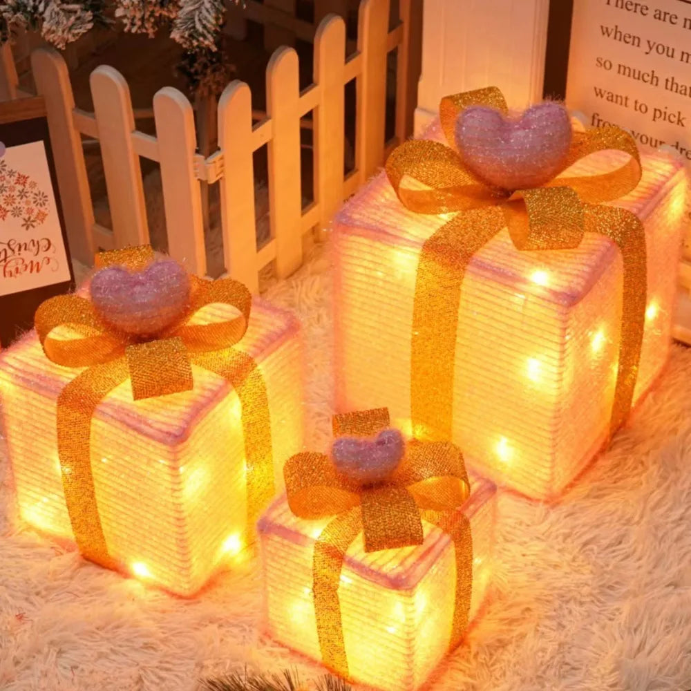 3Pcs Christmas LED Gift Boxes – Lighted Present Boxes with Bow, Warm Fairy Lights for Holiday Decorations