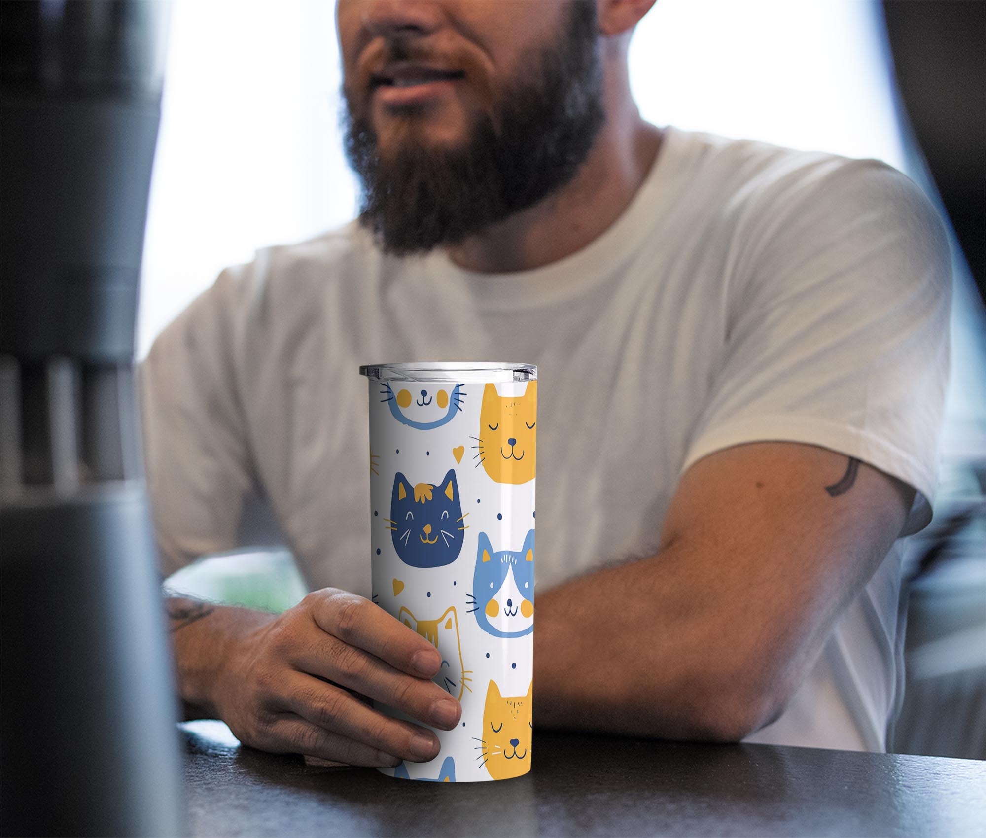 Cute Cat Pattern In Blue 20oz Skinny Tumbler, Holiday Skinny Tumbler, For Cat Lovers, Vibrant Tumbler, Trending Tumbler