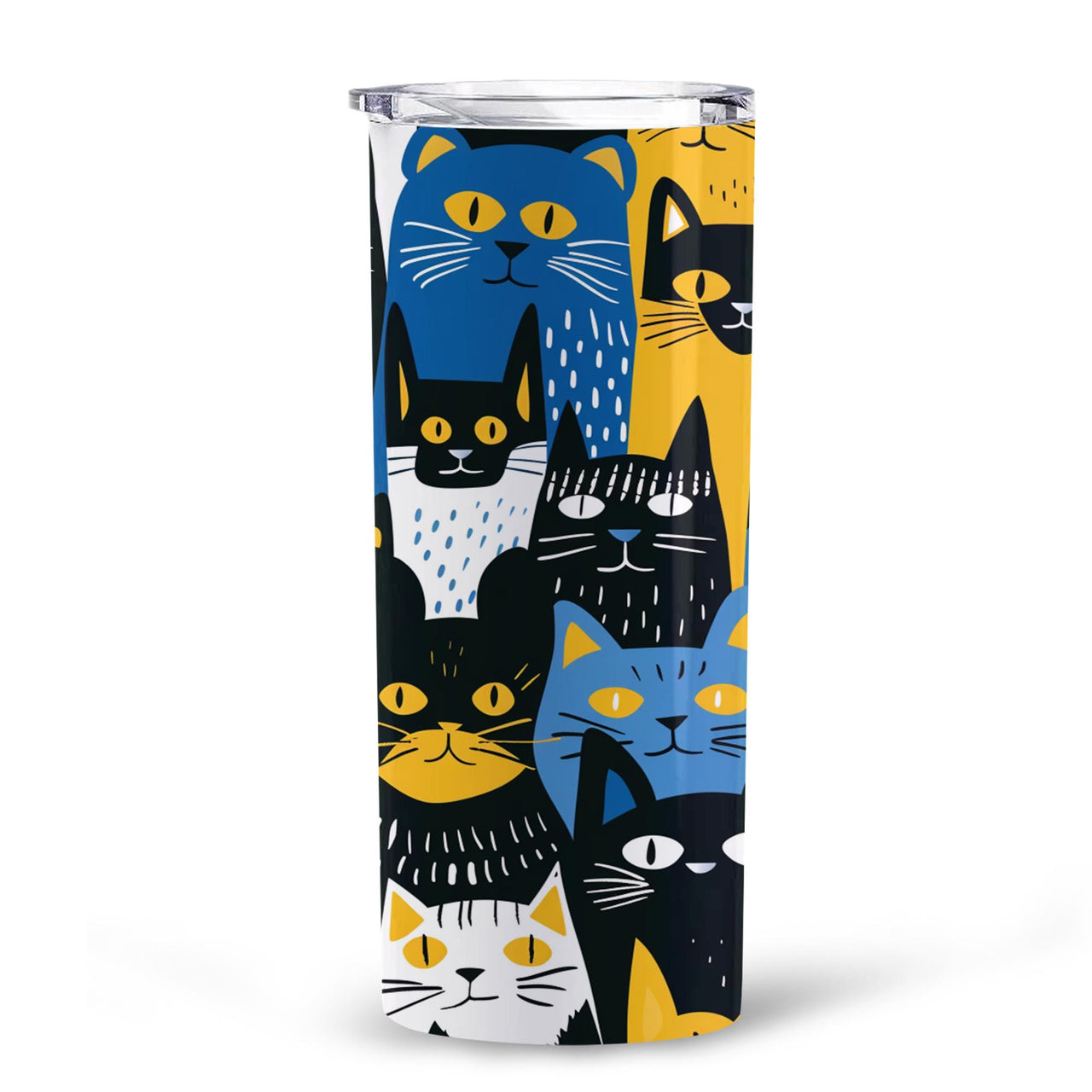 Cats in Yellow, Blue, Black, and White 20oz Skinny Tumbler, Holiday Skinny Tumbler, For Cat Lovers, Vibrant Tumbler, Trending Tumbler