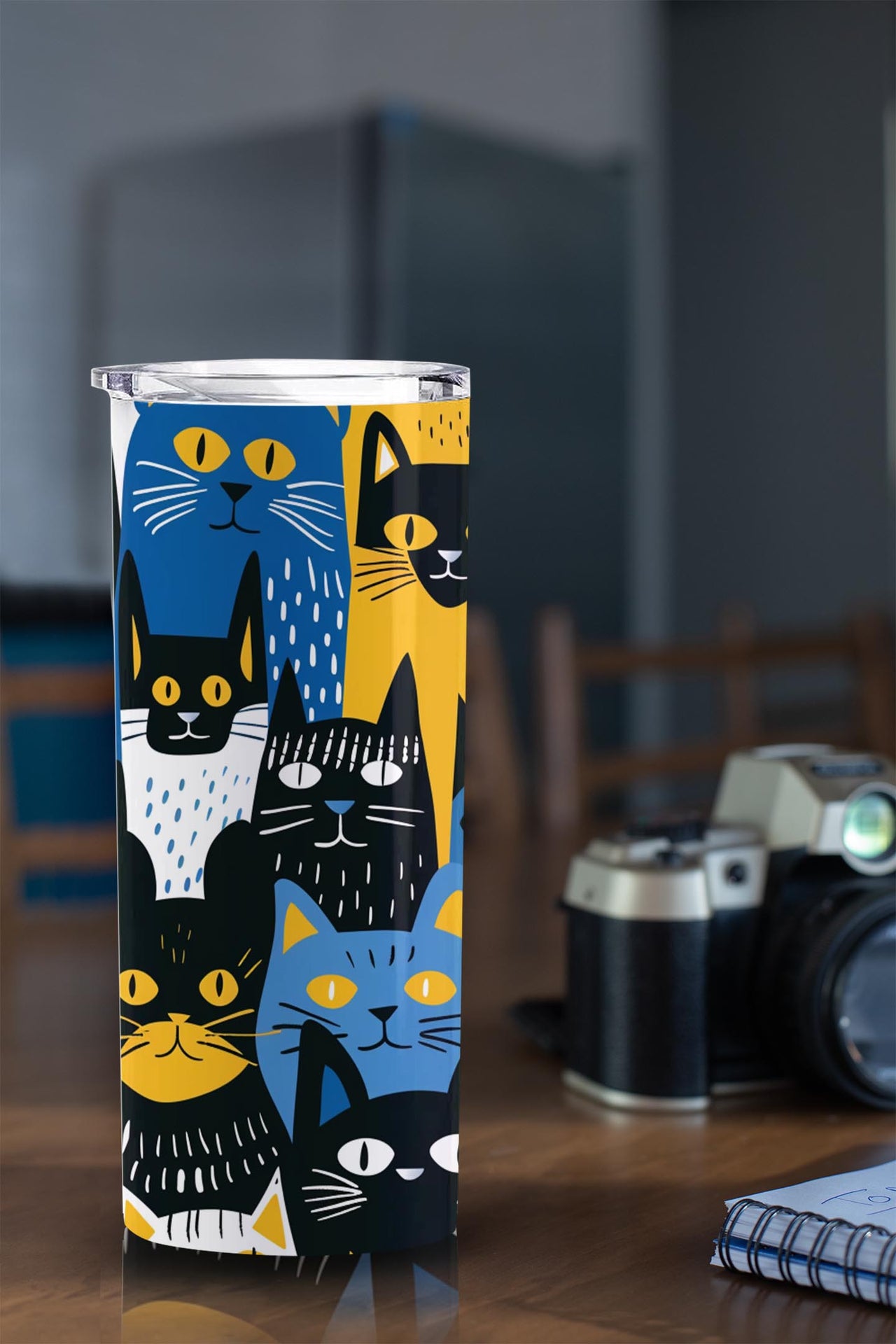 Cats in Yellow, Blue, Black, and White 20oz Skinny Tumbler, Holiday Skinny Tumbler, For Cat Lovers, Vibrant Tumbler, Trending Tumbler