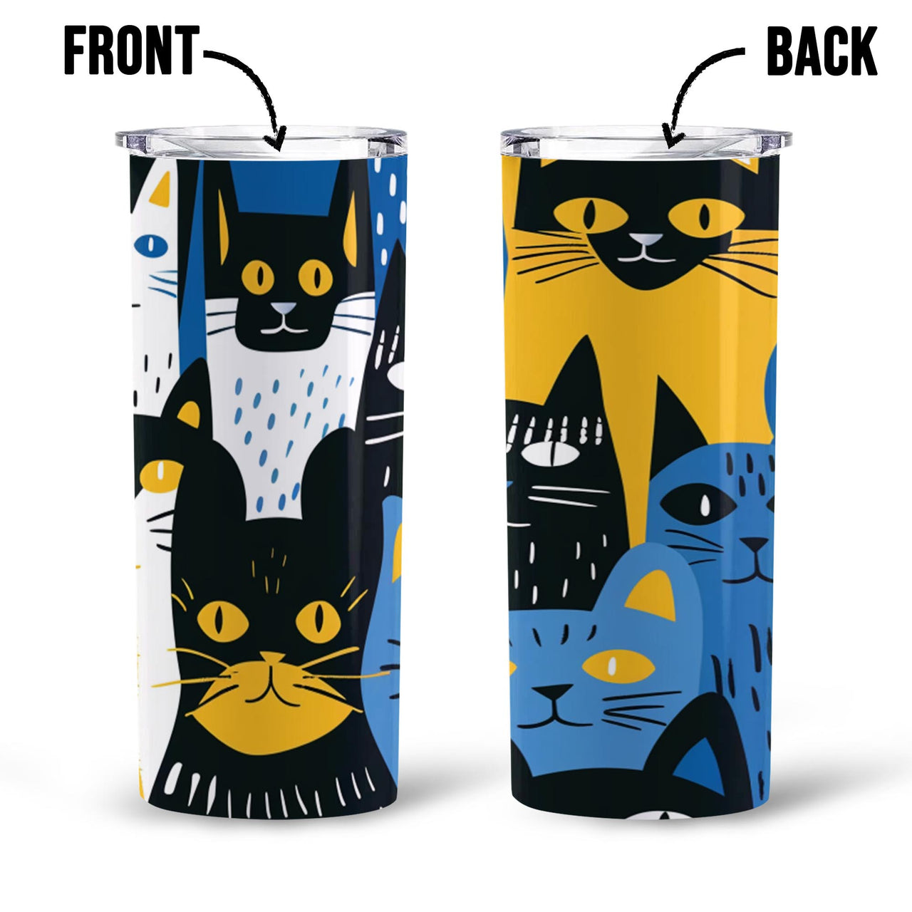 Cats in Yellow, Blue, Black, and White 20oz Skinny Tumbler, Holiday Skinny Tumbler, For Cat Lovers, Vibrant Tumbler, Trending Tumbler