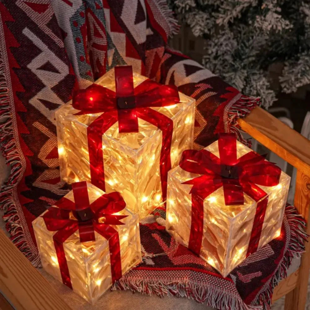 3Pcs Christmas LED Gift Boxes – Lighted Present Boxes with Bow, Warm Fairy Lights for Holiday Decorations