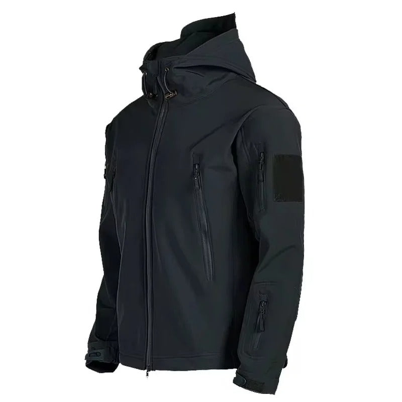 Men's Tactical Softshell Jacket – Windproof Water-Resistant Fleece-Lined Hooded Coat