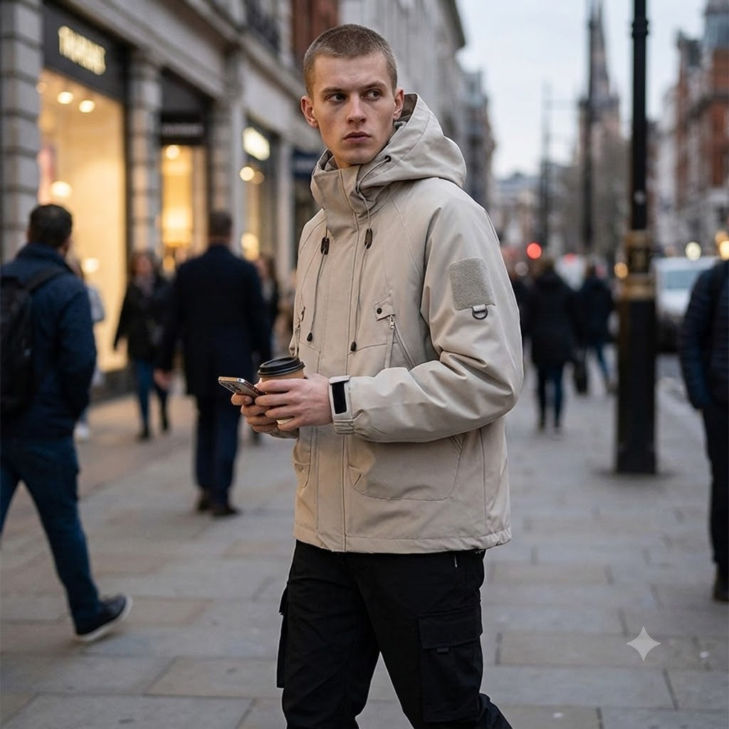 Men's Hooded Windbreaker Jacket – Lightweight Waterproof Zipper Outdoor Cargo Coat
