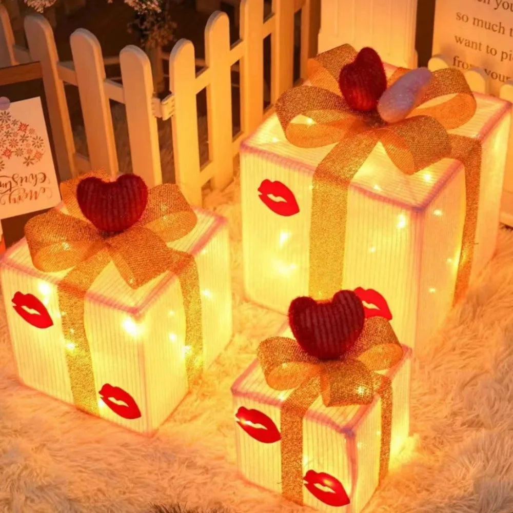 3Pcs Christmas LED Gift Boxes – Lighted Present Boxes with Bow, Warm Fairy Lights for Holiday Decorations
