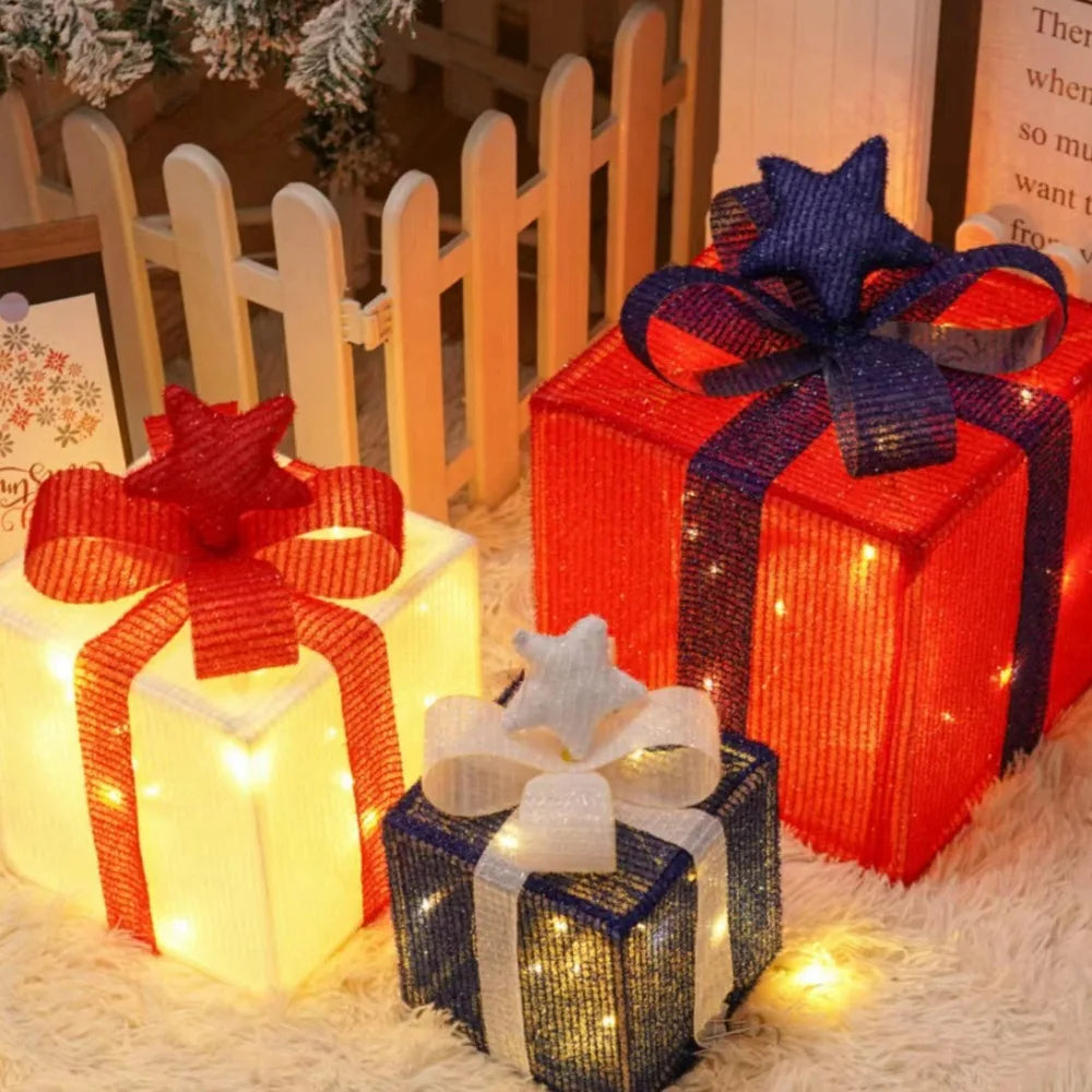 3Pcs Christmas LED Gift Boxes – Lighted Present Boxes with Bow, Warm Fairy Lights for Holiday Decorations