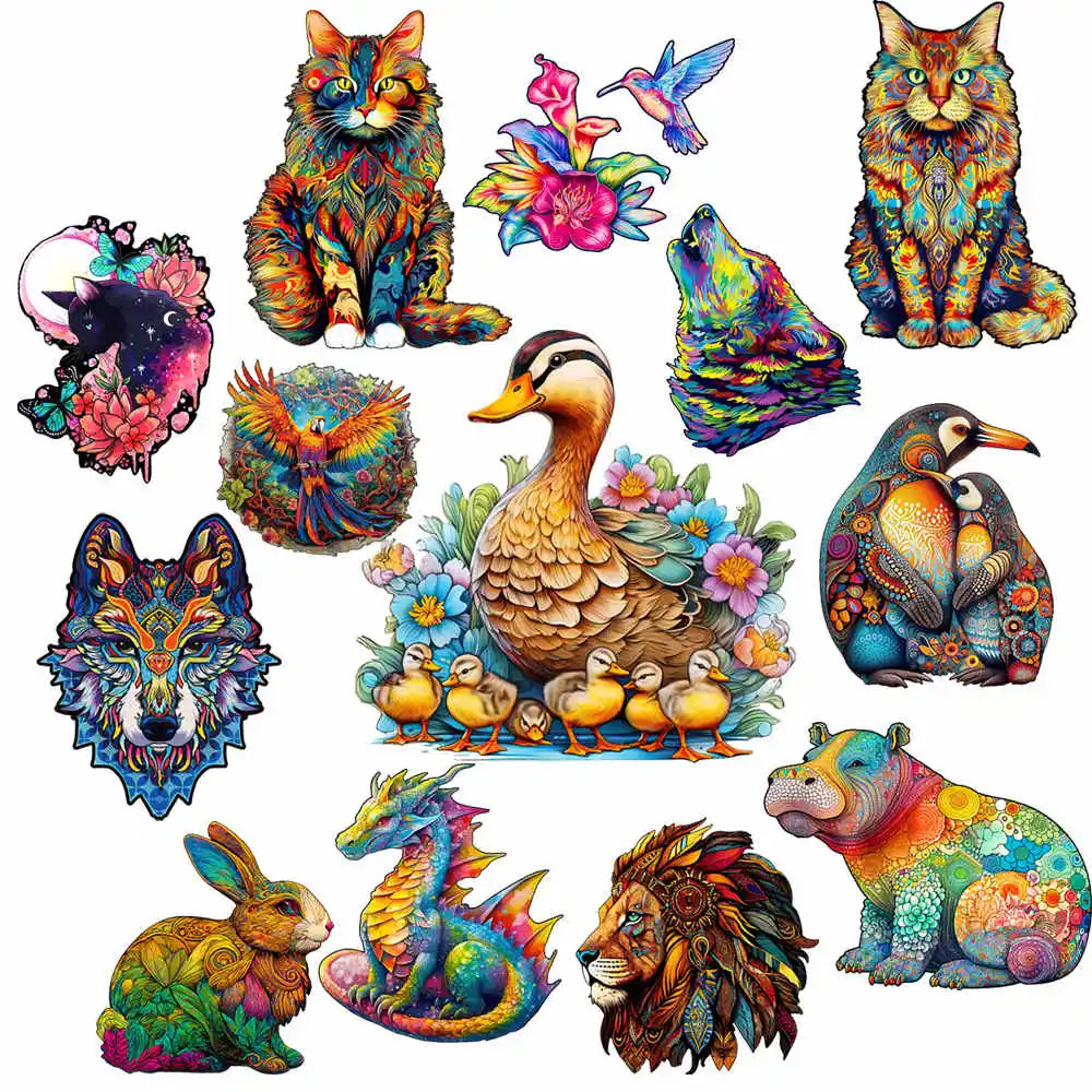 Set 2 Unique Wooden Animal Jigsaw Puzzle, Animal Shape, Wooden Jigsaw Puzzle, Mindfulness & Educational Animals Game for All Ages, Unique Sustainable, Wildlife Gift, Christmas gift Idea C179