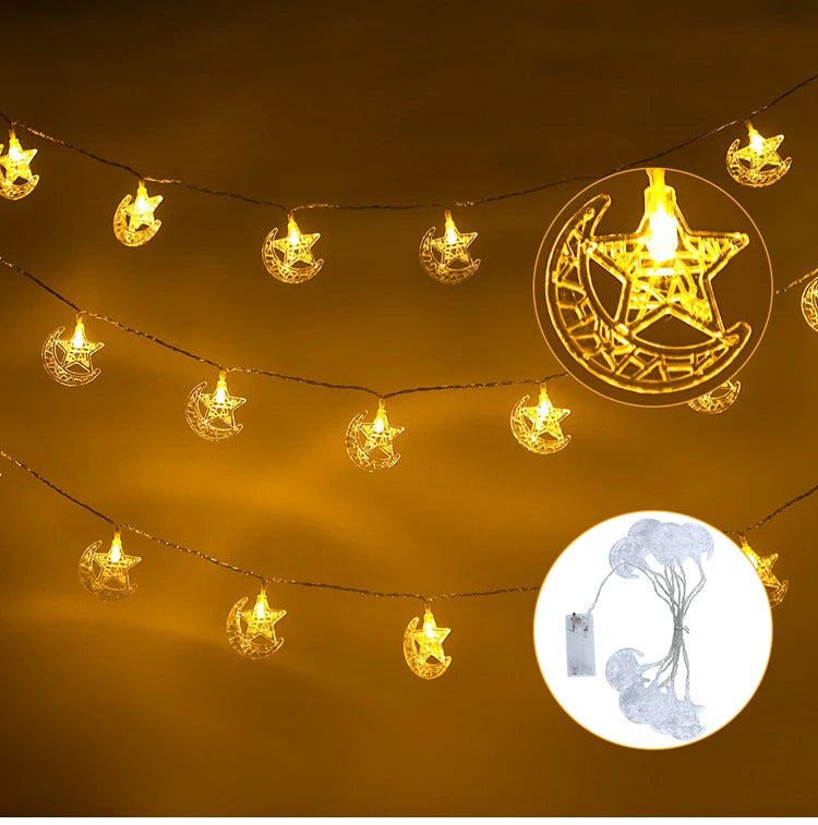 Moon Star Eid Mubarak String Light 2025 – Ramadan & Eid Home Decoration, Muslim Party Lights
