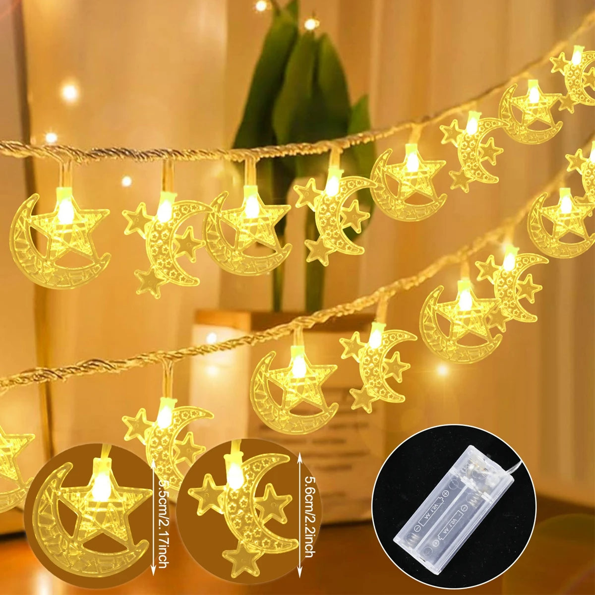 Moon Star Eid Mubarak String Light 2025 – Ramadan & Eid Home Decoration, Muslim Party Lights