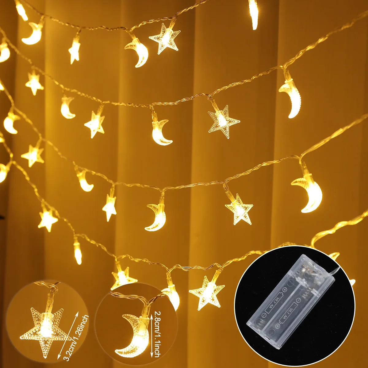 Moon Star Eid Mubarak String Light 2025 – Ramadan & Eid Home Decoration, Muslim Party Lights